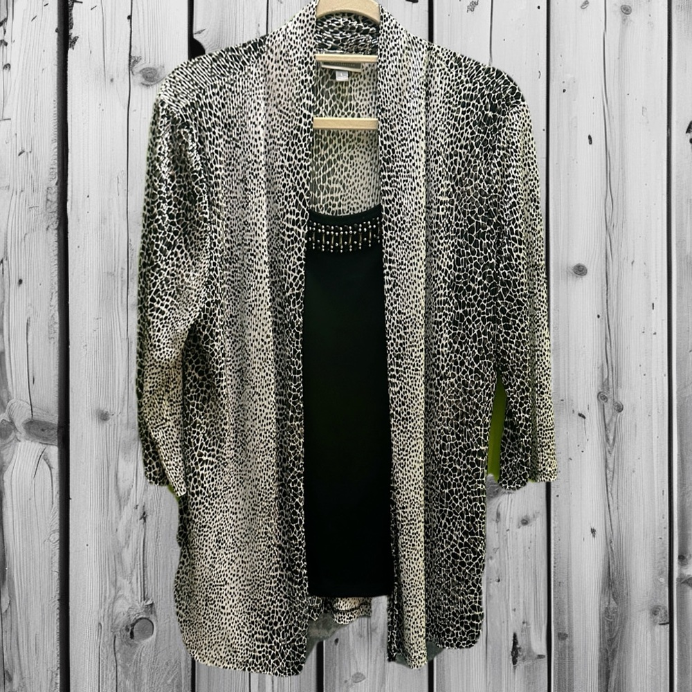 JM Collection Black and White Patterned Cardigan Blouse L